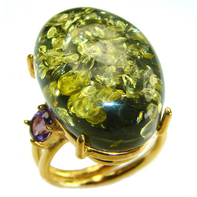 Authentic Green Baltic Amber 14K Gold over .925 Sterling Silver handcrafted ring; s. 7 adjustable