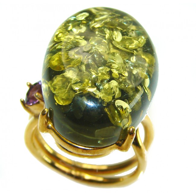 Authentic Green Baltic Amber 14K Gold over .925 Sterling Silver handcrafted ring; s. 7 adjustable