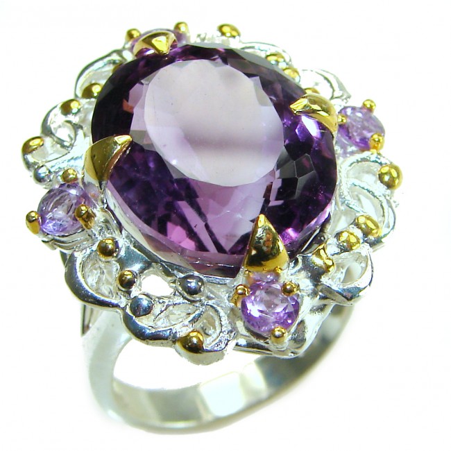 Dramatic design 22.8 carat Amethyst 2 tones .925 Sterling Silver Handcrafted Ring size 8 3/4