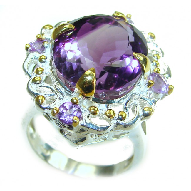 Dramatic design 22.8 carat Amethyst 2 tones .925 Sterling Silver Handcrafted Ring size 8 3/4