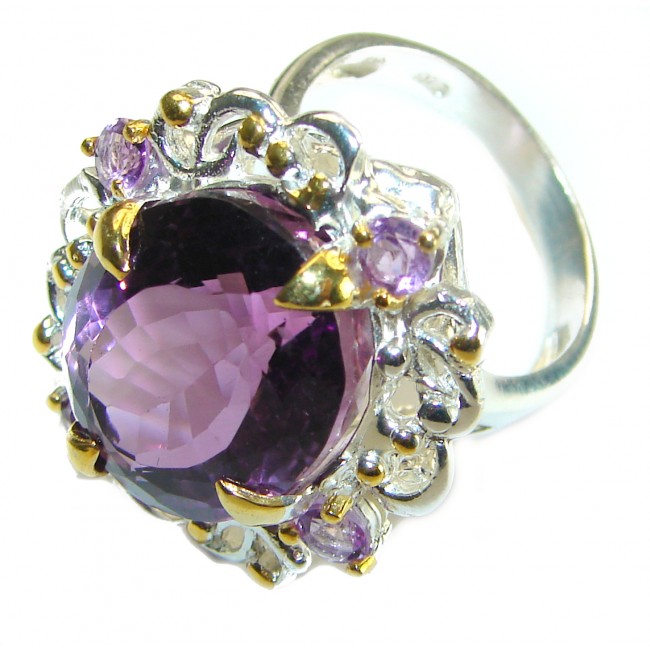 Dramatic design 22.8 carat Amethyst 2 tones .925 Sterling Silver Handcrafted Ring size 8 3/4