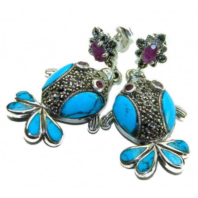 One of a kind Precious Fishes natural Turquoise .925 Sterling Silver handcrafted Earrings