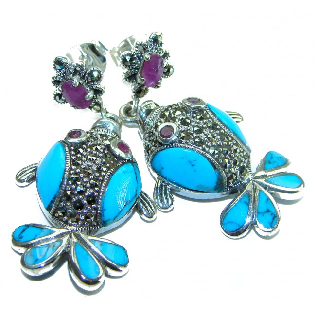 One of a kind Precious Fishes natural Turquoise .925 Sterling Silver handcrafted Earrings