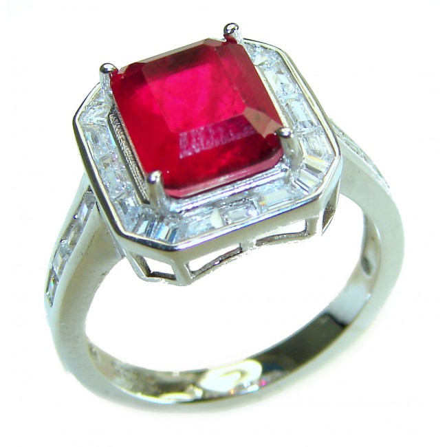 Carmen - emerald cut 6.3 carat Ruby .925 Sterling Silver handcrafted Statement Ring size 8