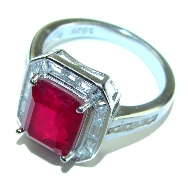 Carmen - emerald cut 6.3 carat Ruby .925 Sterling Silver handcrafted Statement Ring size 8