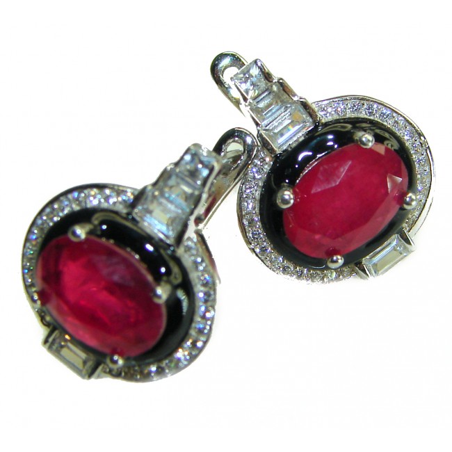 Art Deco 8.9 carat Ruby black enamel .925 Sterling Silver handcrafted earrings