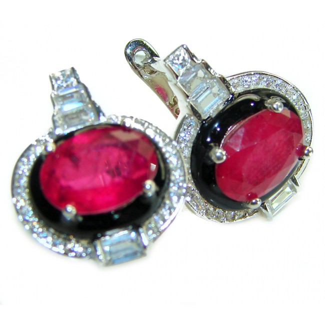 Art Deco 8.9 carat Ruby black enamel .925 Sterling Silver handcrafted earrings