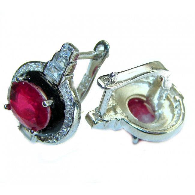 Art Deco 8.9 carat Ruby black enamel .925 Sterling Silver handcrafted earrings