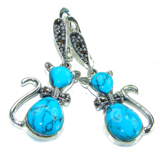 Spectacular Blue Cats inlay Turquoise .925 Sterling Silver handcrafted Earrings