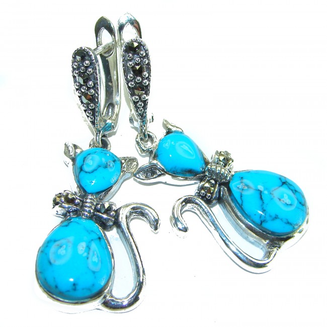 Spectacular Blue Cats inlay Turquoise .925 Sterling Silver handcrafted Earrings