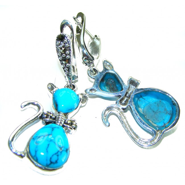 Spectacular Blue Cats inlay Turquoise .925 Sterling Silver handcrafted Earrings