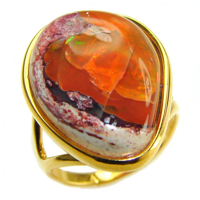 Bonfire Night best quality 18.5 carat Mexican Opal 14K Gold over .925 Sterling Silver handmade ring 7