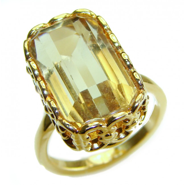 14.8 carat Baguette cut Genuine Lemon Quartz 14K Gold over .925 Sterling Silver handcrafted ring size 9 1/4