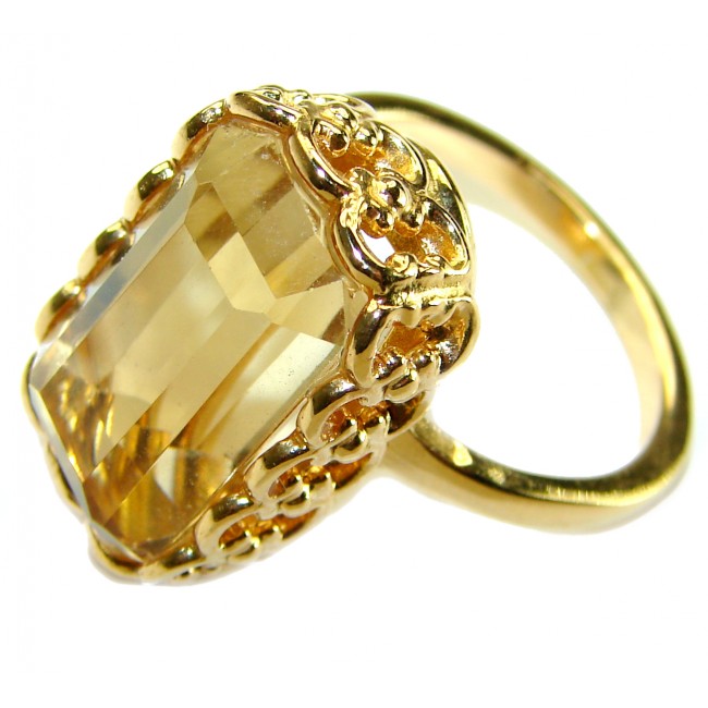 14.8 carat Baguette cut Genuine Lemon Quartz 14K Gold over .925 Sterling Silver handcrafted ring size 9 1/4