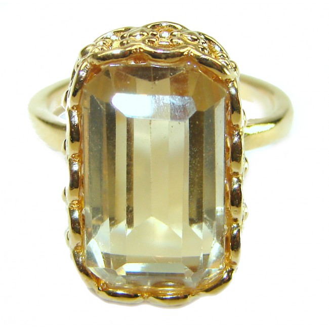 14.8 carat Baguette cut Genuine Lemon Quartz 14K Gold over .925 Sterling Silver handcrafted ring size 9 1/4