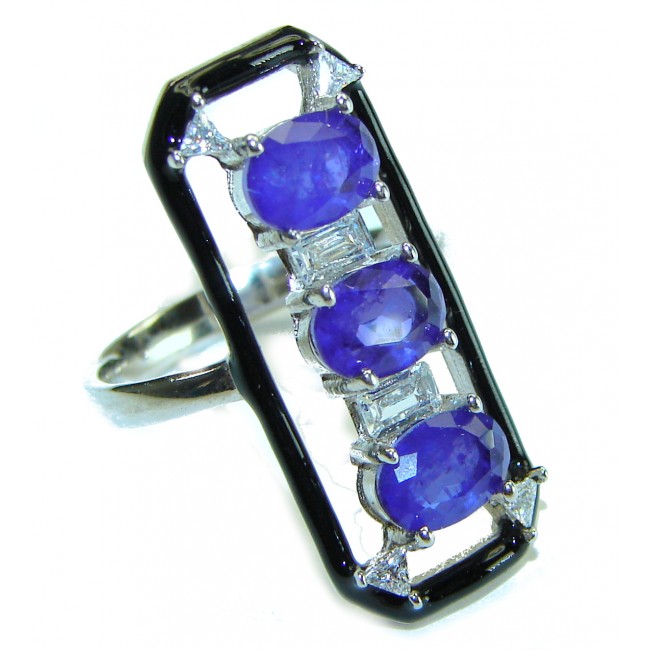 Art Deco Sapphire black enamel .925 Sterling Silver handcrafted Ring size 7