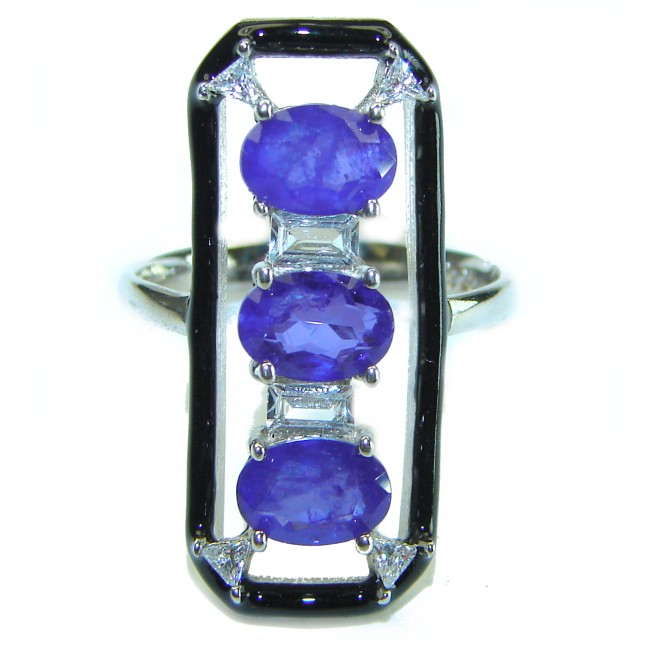 Art Deco Sapphire black enamel .925 Sterling Silver handcrafted Ring size 7