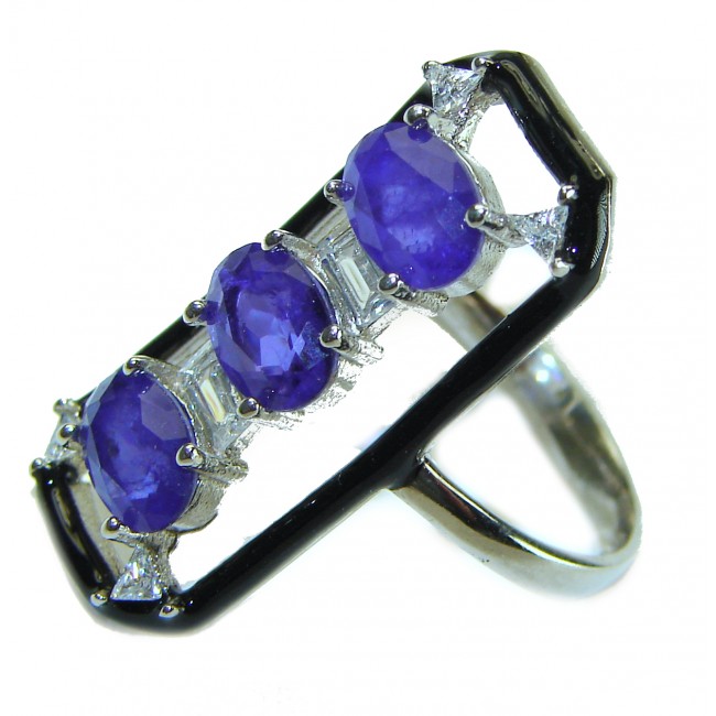 Art Deco Sapphire black enamel .925 Sterling Silver handcrafted Ring size 7