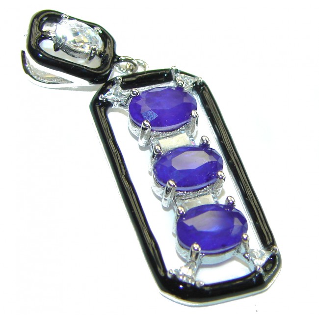 Art Deco Sapphire black enamel .925 Sterling Silver handcrafted Pendant