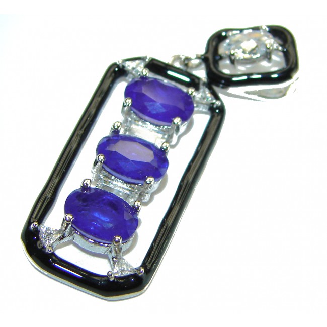 Art Deco Sapphire black enamel .925 Sterling Silver handcrafted Pendant