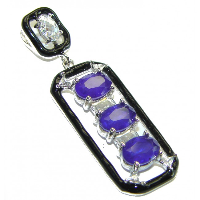 Art Deco Sapphire black enamel .925 Sterling Silver handcrafted Pendant