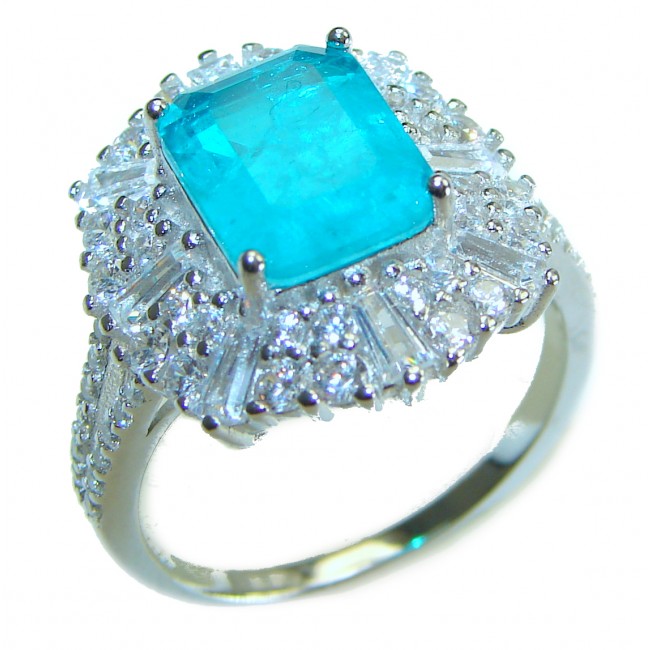 Emerald Cut 5.6 ctw Paraiba Tourmaline .925 Sterling Silver handcrafted Statement Ring size 8 1/4