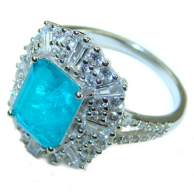 Emerald Cut 5.6 ctw Paraiba Tourmaline .925 Sterling Silver handcrafted Statement Ring size 8 1/4