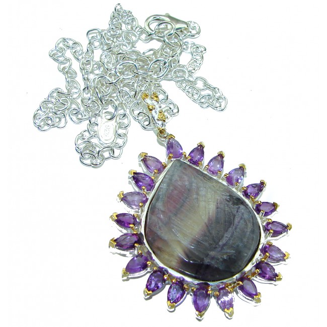 Vintage design Genuine Purple Fluorite Amethyst 14K Gold over .925 Sterling Silver handcrafted Necklace