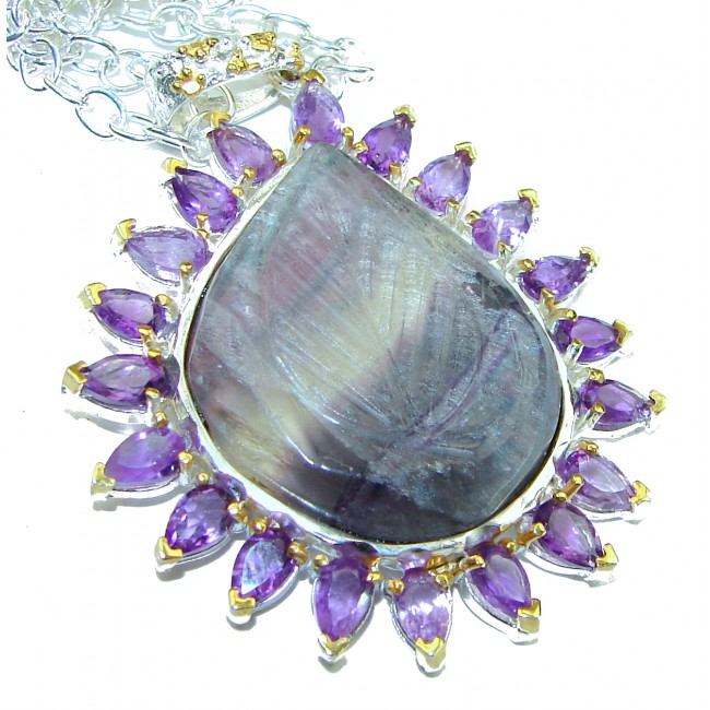 Vintage design Genuine Purple Fluorite Amethyst 14K Gold over .925 Sterling Silver handcrafted Necklace