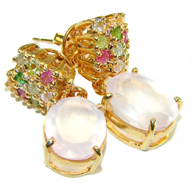 Juicy 8.2 carat Authentic Rose Quartz 18K Gold over .925 Sterling Silver handcrafted earrings