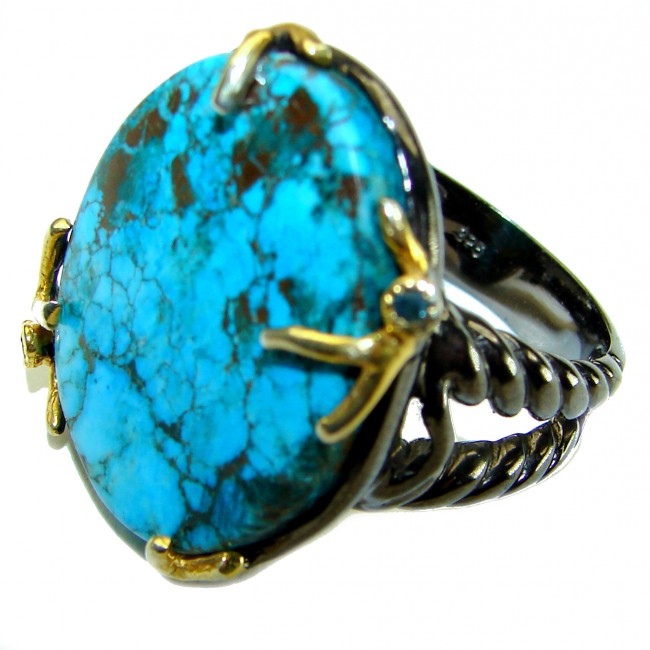 Large Precious Sleeping Beauty Turquoise black rhodium over .925 Sterling Silver handmade ring size 9