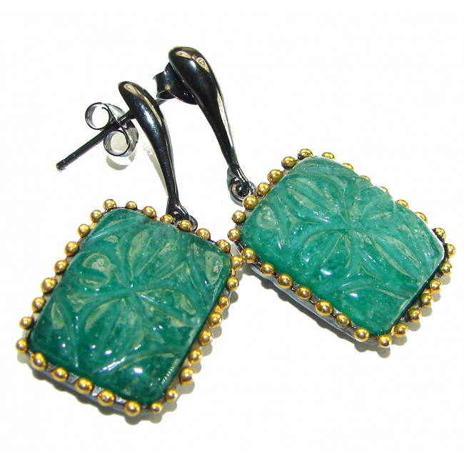 Unique carved Jade black rhodium over .925 Sterling Silver handcrafted earrings