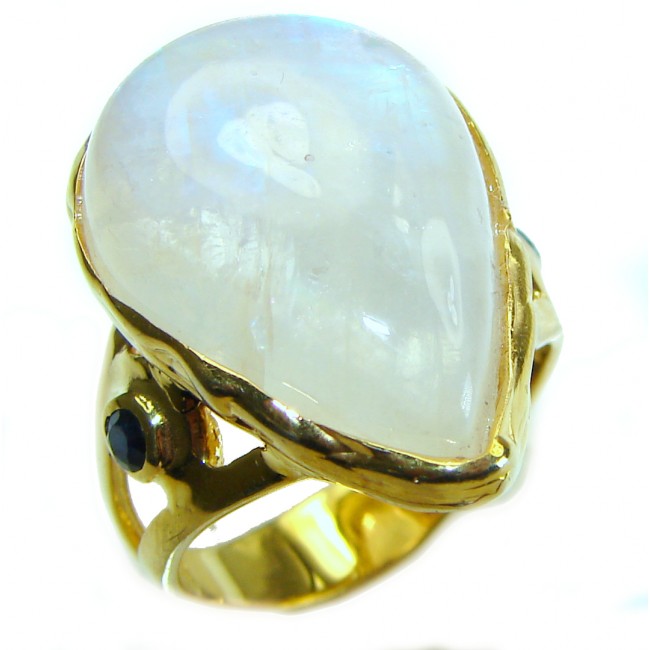 Snow Queen Huge Rainbow Moonstone 14K Gold over .925 Sterling Silver handmade Statement Ring size 8 1/4