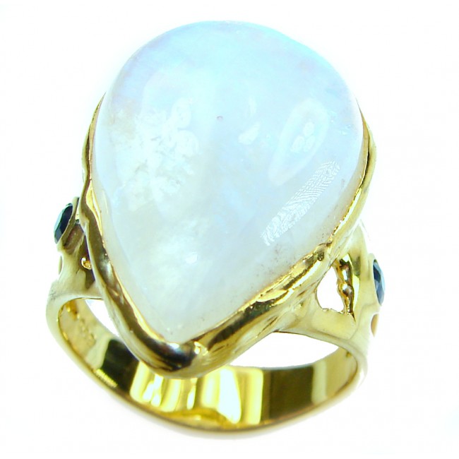 Snow Queen Huge Rainbow Moonstone 14K Gold over .925 Sterling Silver handmade Statement Ring size 8 1/4