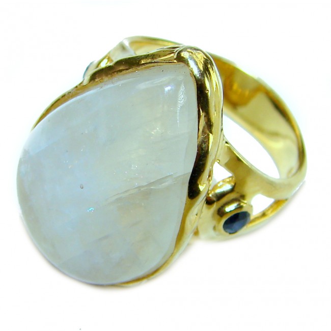 Snow Queen Huge Rainbow Moonstone 14K Gold over .925 Sterling Silver handmade Statement Ring size 8 1/4