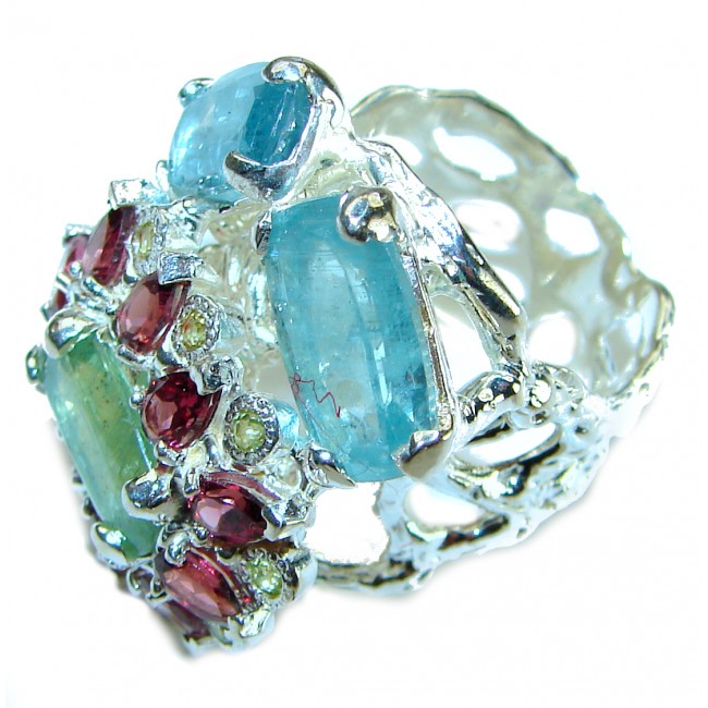 Pacifica Unique Design 22.5 carat Apatite Aqauamarine .925 Sterling Silver handmade Large ring s. 7