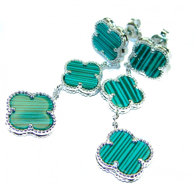 Outstanding inlay authentic Malachite Lucky Four Leaf Clover .925 Sterling Silver Earrings