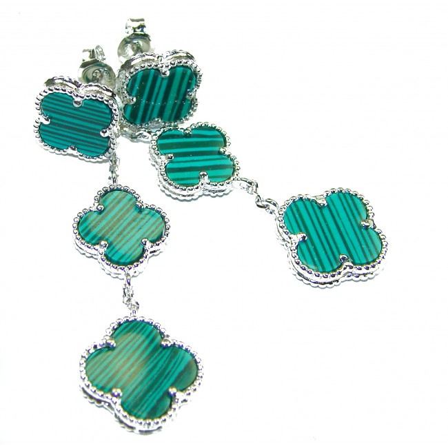 Outstanding inlay authentic Malachite Lucky Four Leaf Clover .925 Sterling Silver Earrings