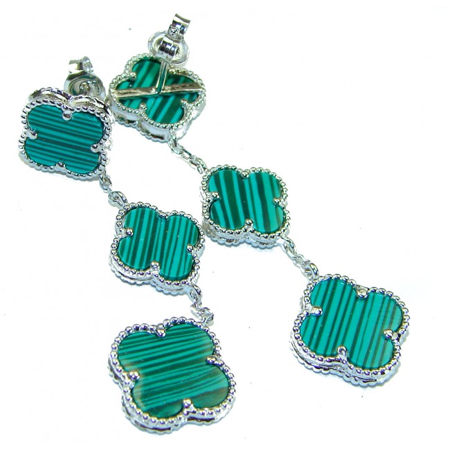 Outstanding inlay authentic Malachite Lucky Four Leaf Clover .925 Sterling Silver Earrings