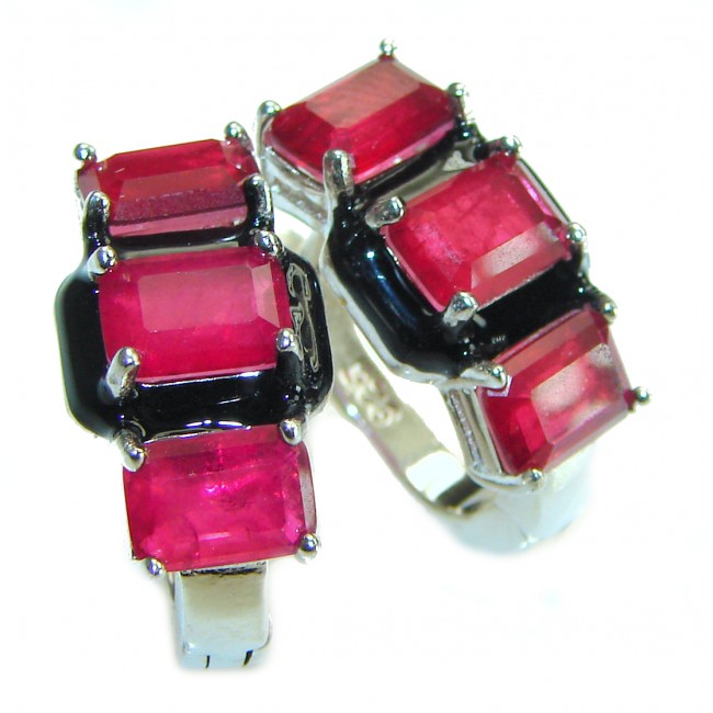 Art Deco Ruby black enamel .925 Sterling Silver handcrafted earrings