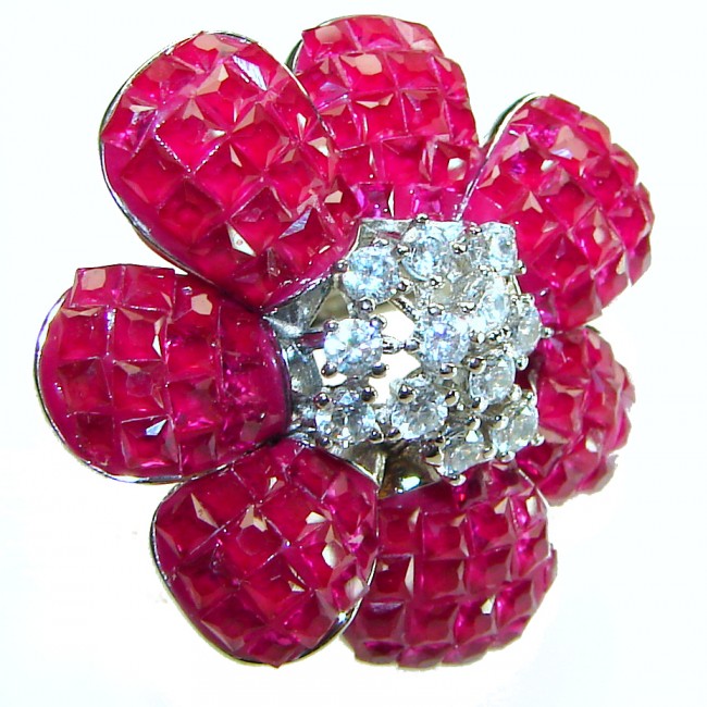 Luxurious Large Flower Ruby .925 Sterling Silver handcrafted Ring size 6 1/4