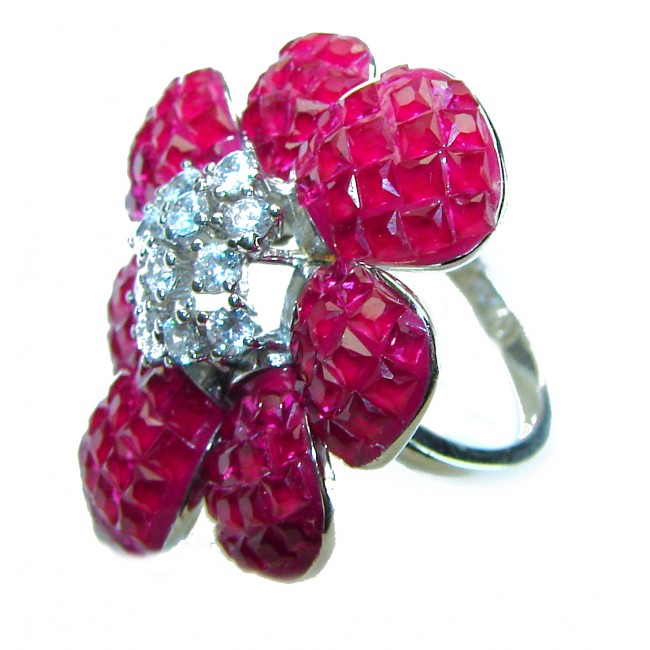 Luxurious Large Flower Ruby .925 Sterling Silver handcrafted Ring size 6 1/4