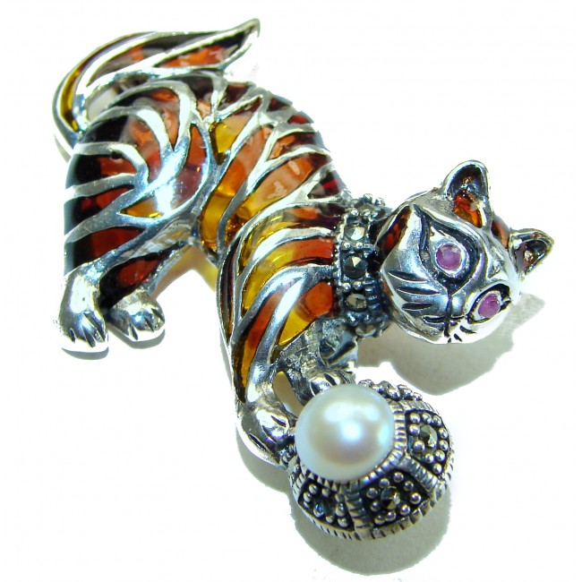 Natural Enamel Pearl Orange Cat .925 Sterling Silver Brooch Pendant