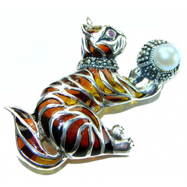 Natural Enamel Pearl Orange Cat .925 Sterling Silver Brooch Pendant