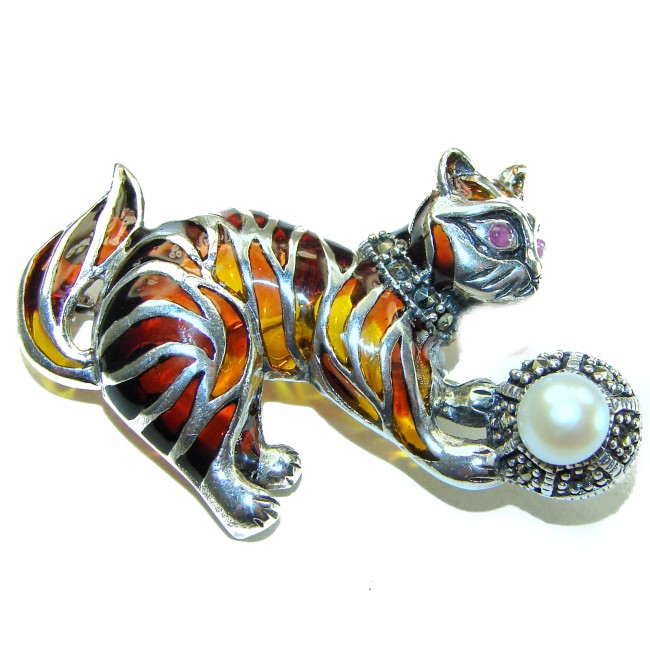 Natural Enamel Pearl Orange Cat .925 Sterling Silver Brooch Pendant