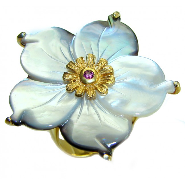 Shimmering Flower LARGE Rainbow Abalone 14K Gold over .925 Sterling Silver handmade Ring s. 7 3/4