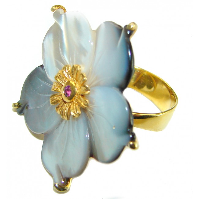 Shimmering Flower LARGE Rainbow Abalone 14K Gold over .925 Sterling Silver handmade Ring s. 7 3/4