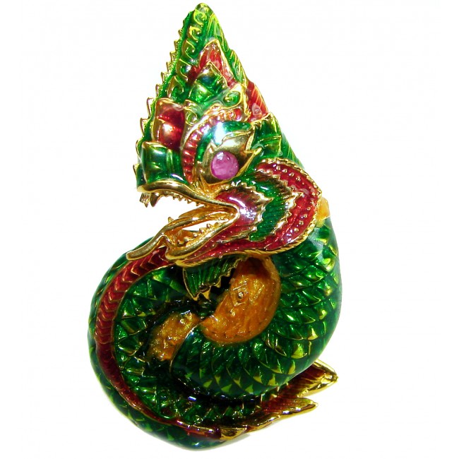 Large green Dragon - symbolizes supernatural power- Enamel Ruby 18K Gold over .925 Sterling Silver Huge handcrafted Ring s. 8