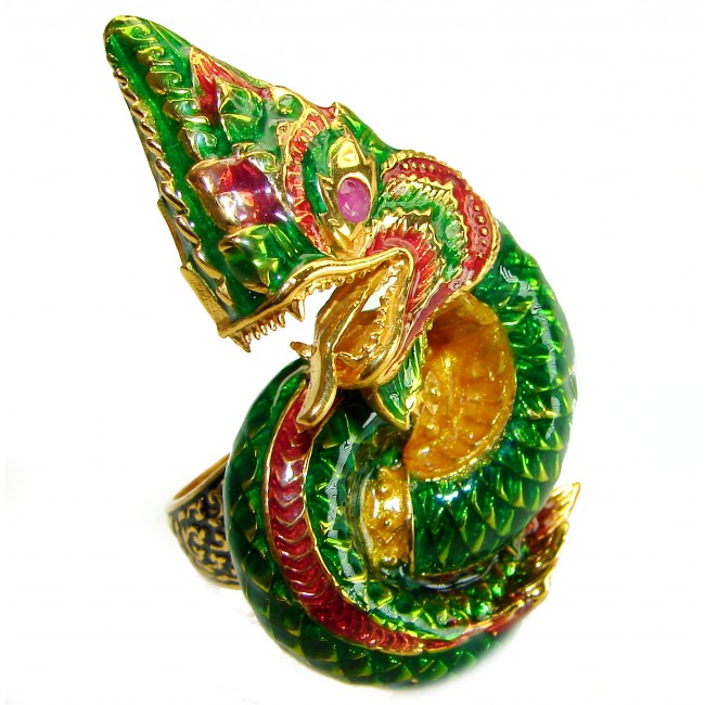 Large green Dragon - symbolizes supernatural power- Enamel Ruby 18K Gold over .925 Sterling Silver Huge handcrafted Ring s. 8