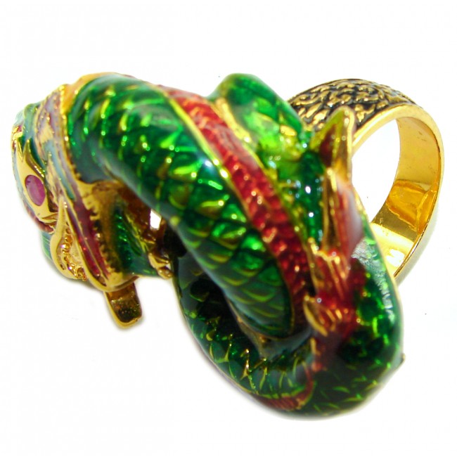 Large green Dragon - symbolizes supernatural power- Enamel Ruby 18K Gold over .925 Sterling Silver Huge handcrafted Ring s. 8